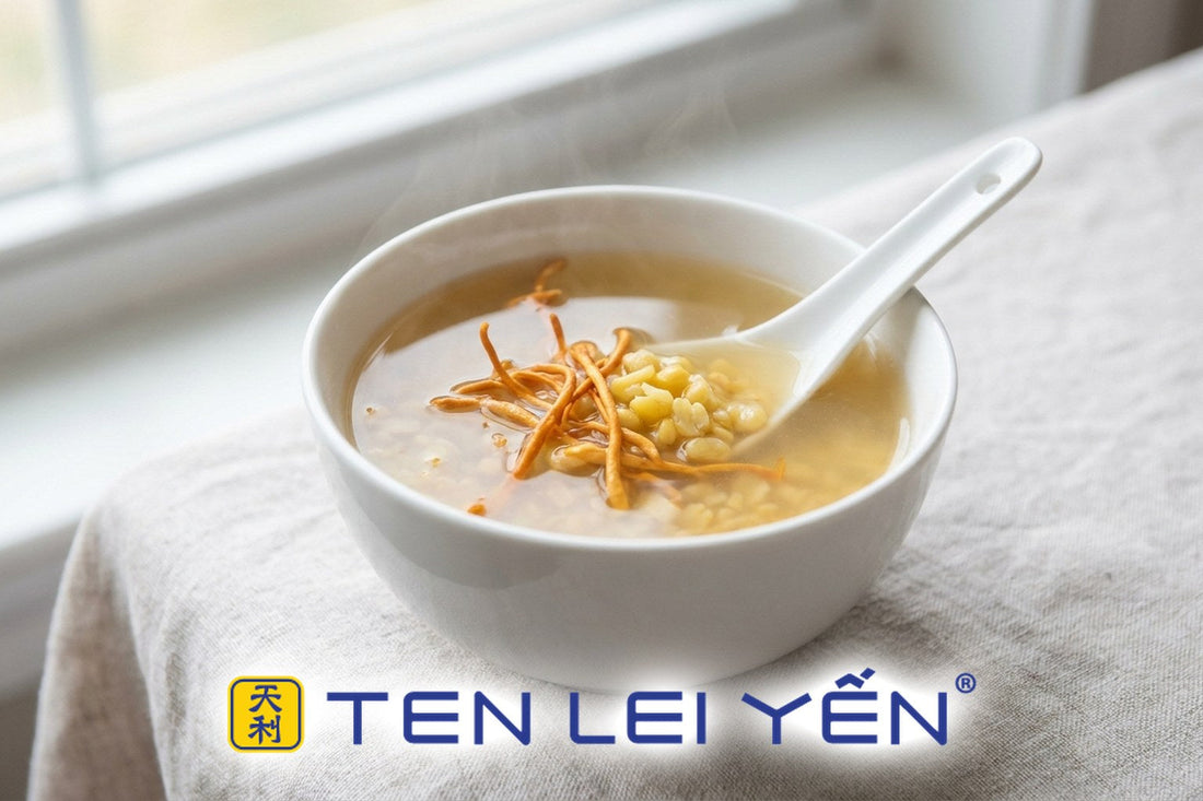 Cordyceps militaris and mung bean summer soup in a white porcelain bowl