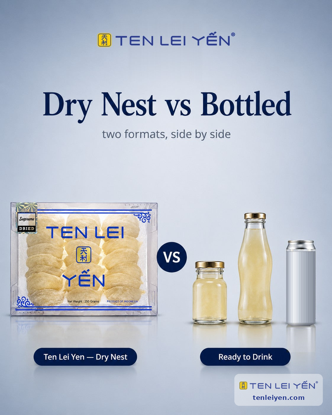 Dry edible bird's nest beside a bottle of ready-to-drink bird's nest