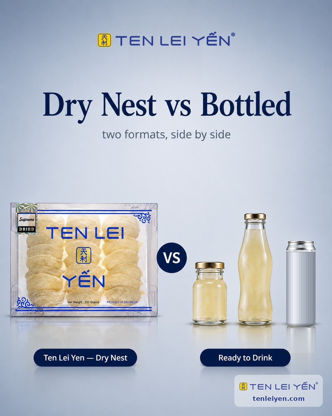 Dry edible bird's nest beside a bottle of ready-to-drink bird's nest