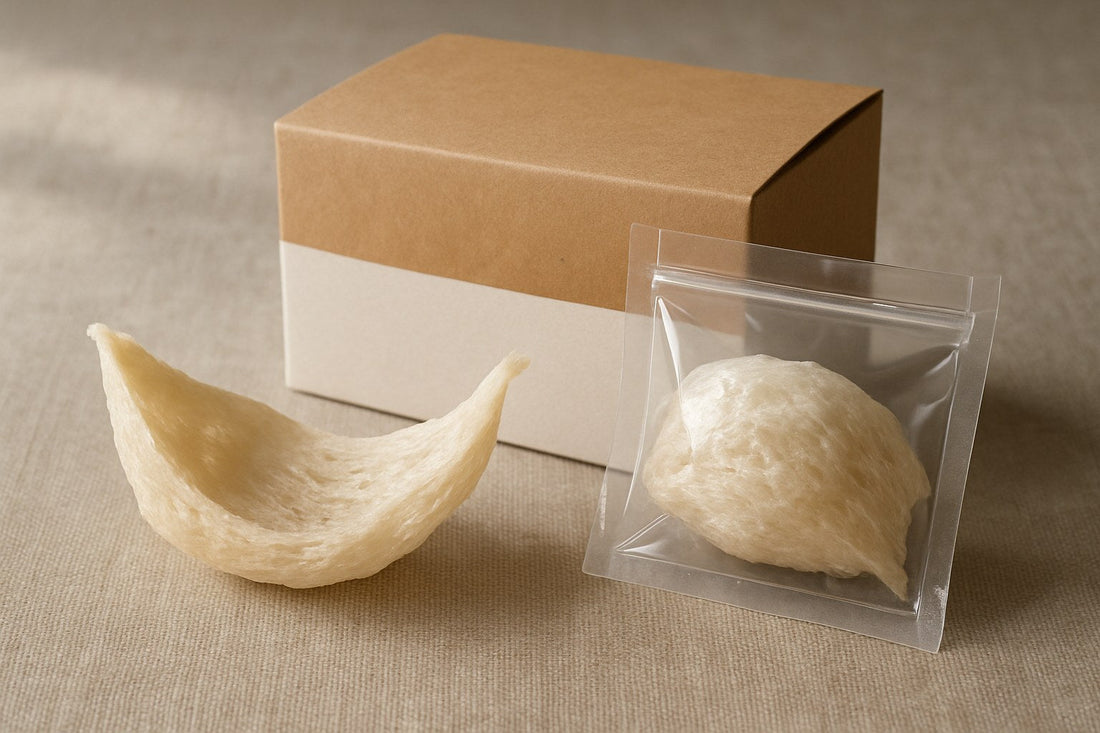 A whole dried edible bird's nest in its natural boat shape beside plain unbranded packaging