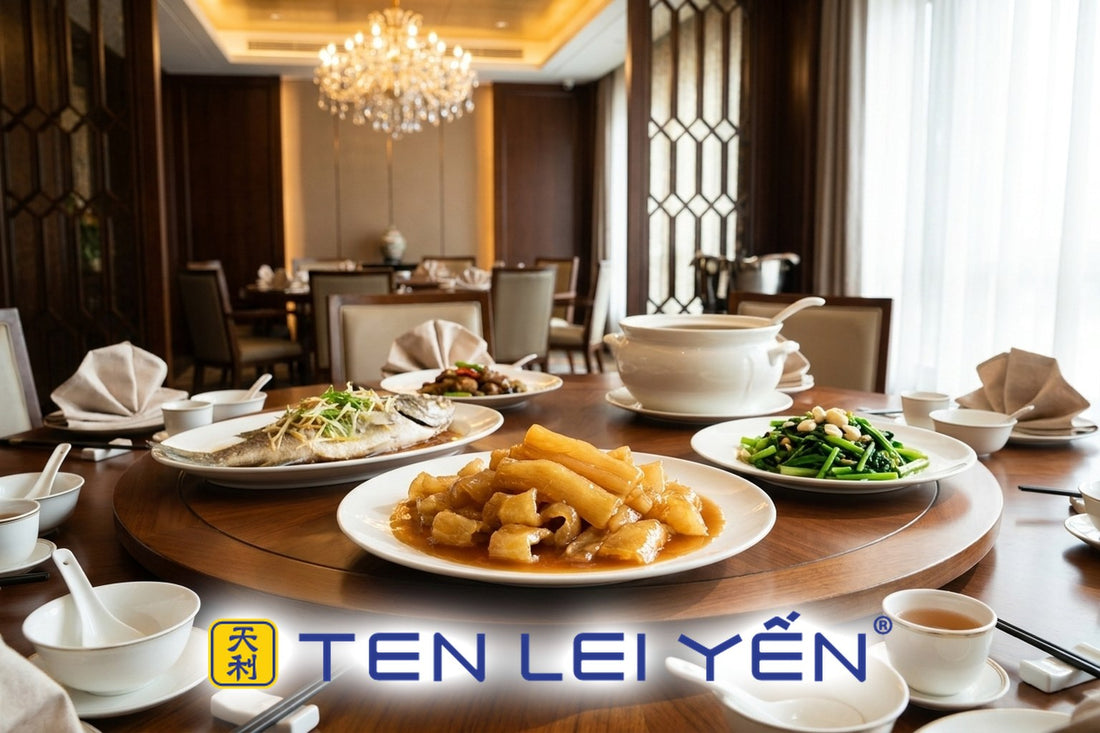 Braised fish maw served at a formal Chinese banquet table among other courses
