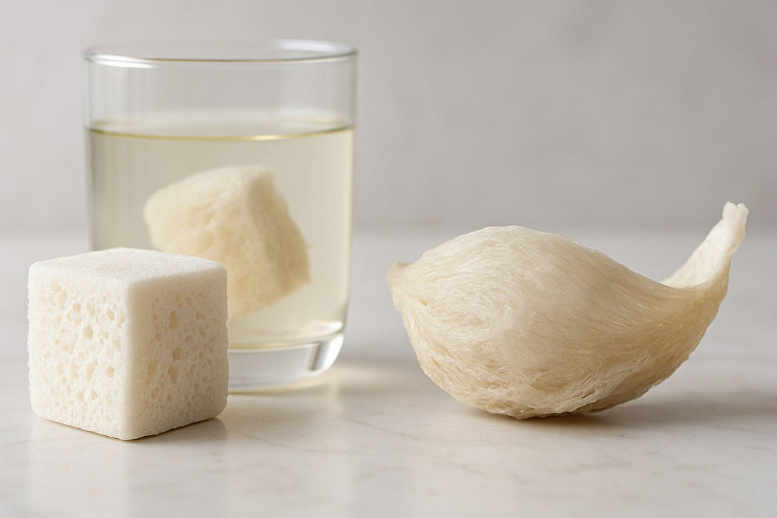 Freeze-dried instant bird's nest cube beside a whole dried edible bird's nest in its natural half-cup shape