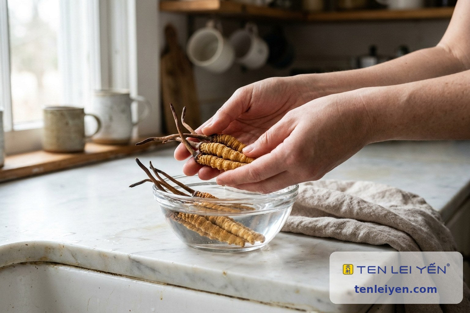 Hands gently rinsing whole wild cordyceps pieces in a glass bowl of water before cooking
