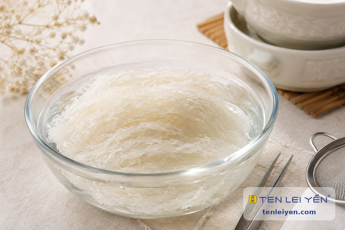 Edible bird's nest soaking and softening in a bowl of clean water