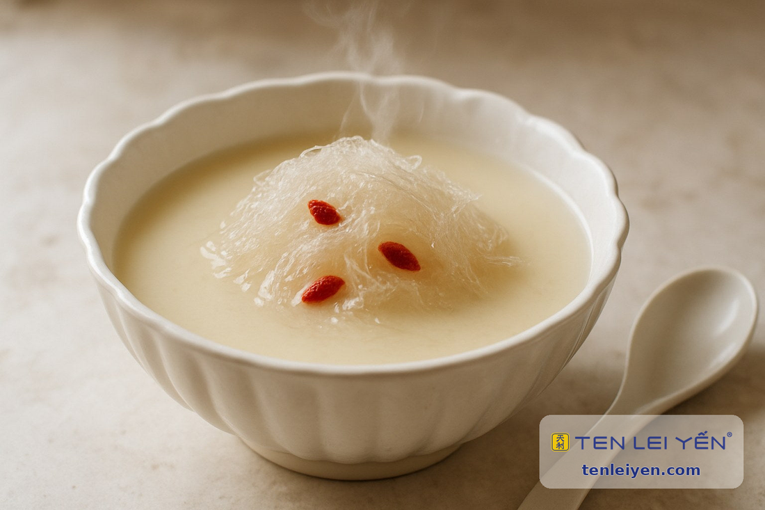 Warm creamy milk bird's nest dessert with translucent strands and goji berries in a white porcelain bowl