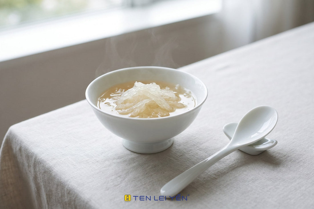 A footed white porcelain bowl of double-boiled edible bird's nest, no added sugar