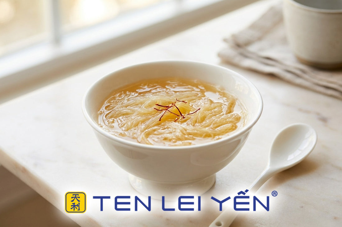 Bowl of saffron bird's nest double-boil with golden broth and saffron threads