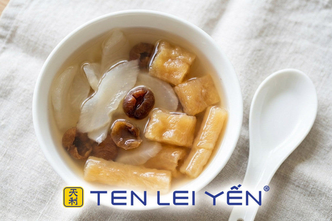 Bowl of fish maw and sea coconut sweet soup with rock sugar syrup and dried longan