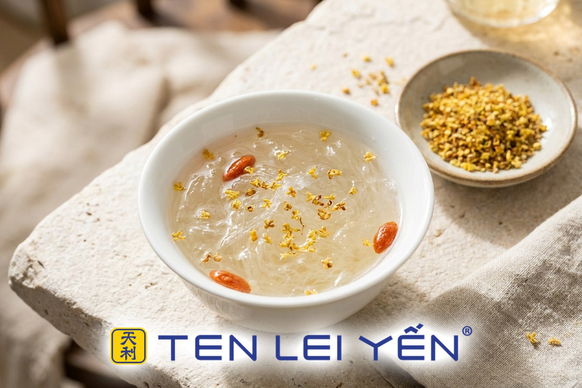 Osmanthus bird's nest with golden osmanthus flecks in a white porcelain bowl