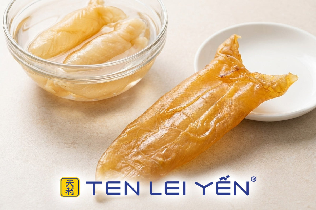 Dried fish maw beside a bowl of soaked fish maw pieces showing the size increase