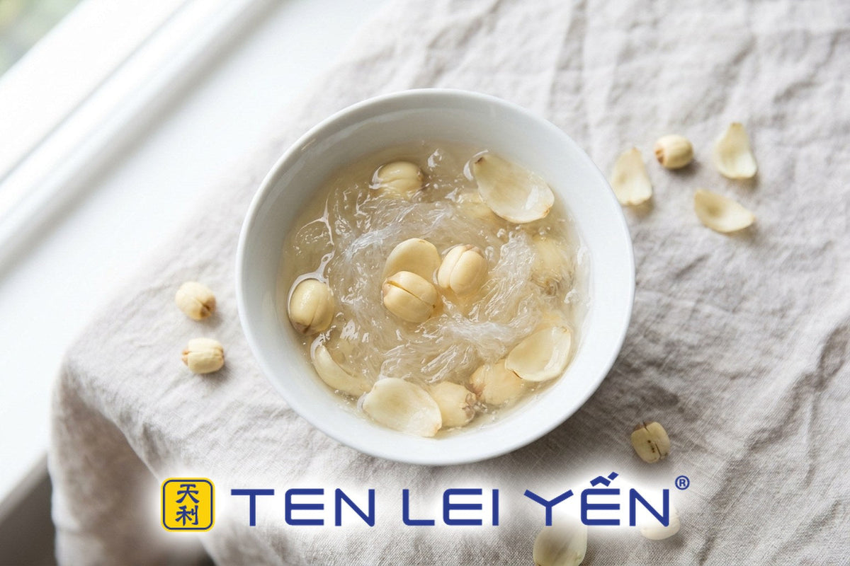 A finished bowl of bird's nest with lotus seeds and lily bulb in white porcelain