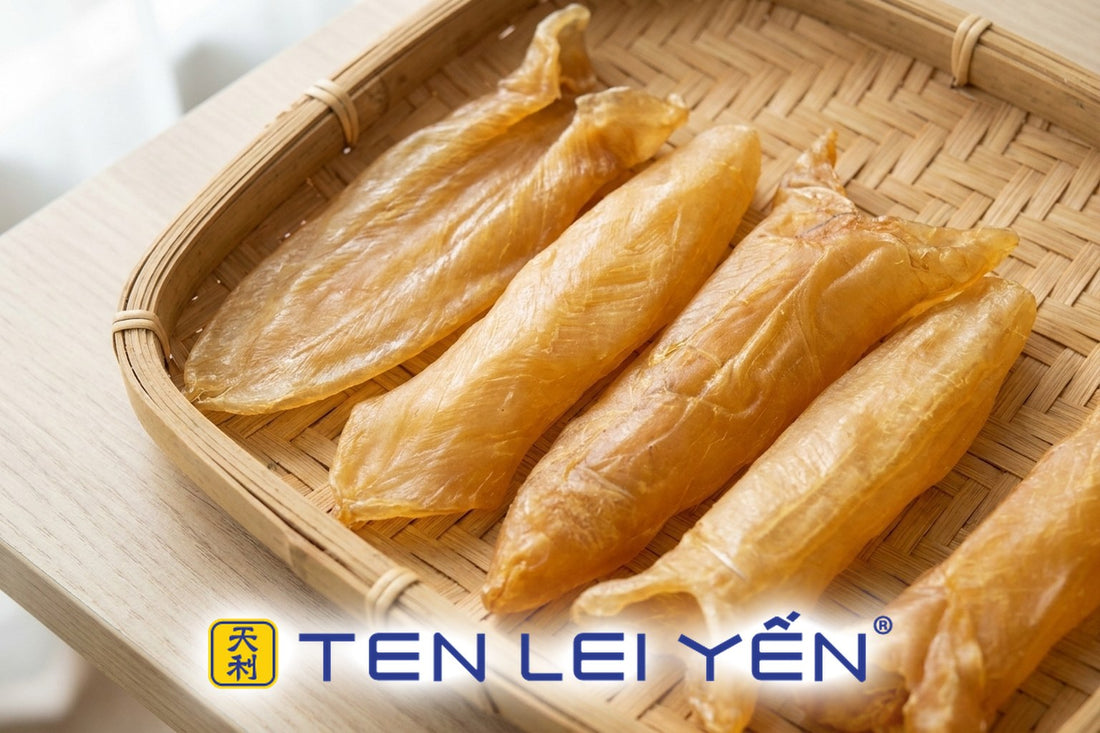 Flat-lay of dried fish maw pieces on a drying tray, showing the golden-amber color and texture
