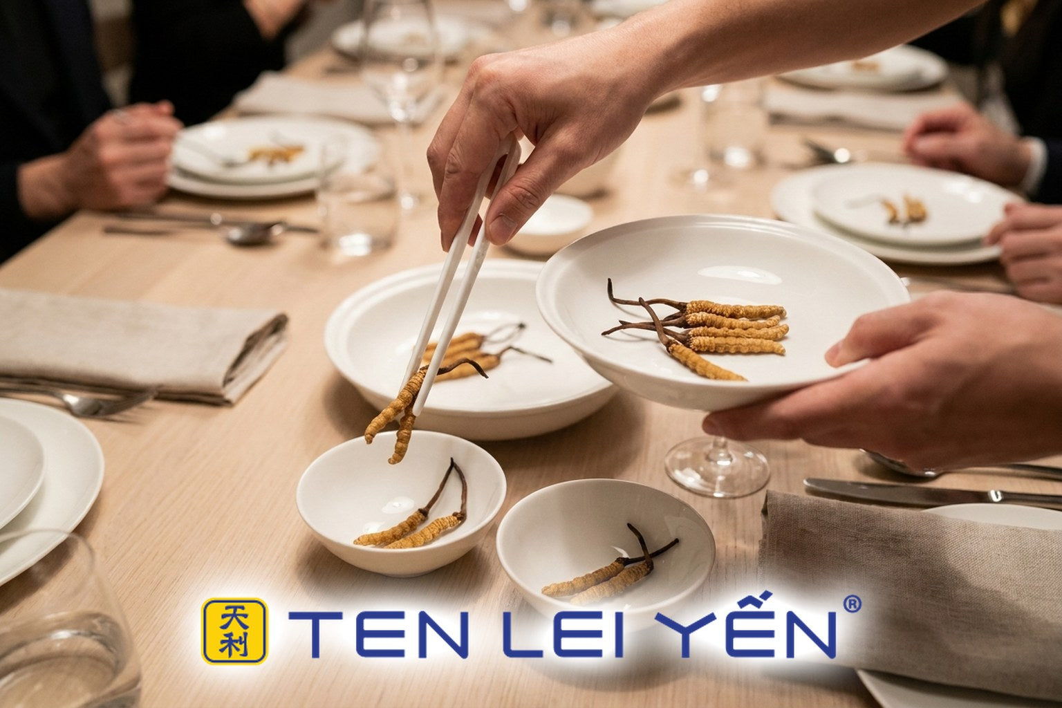 Host portioning whole wild cordyceps sinensis into individual bowls for guests