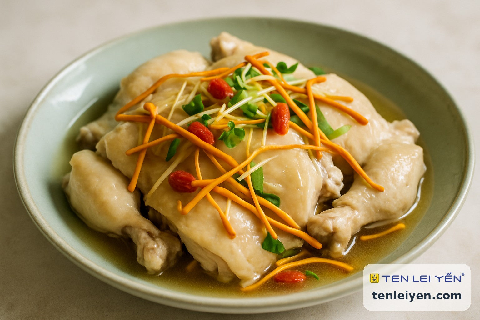 Steamed chicken with cordyceps, goji and ginger on a celadon plate
