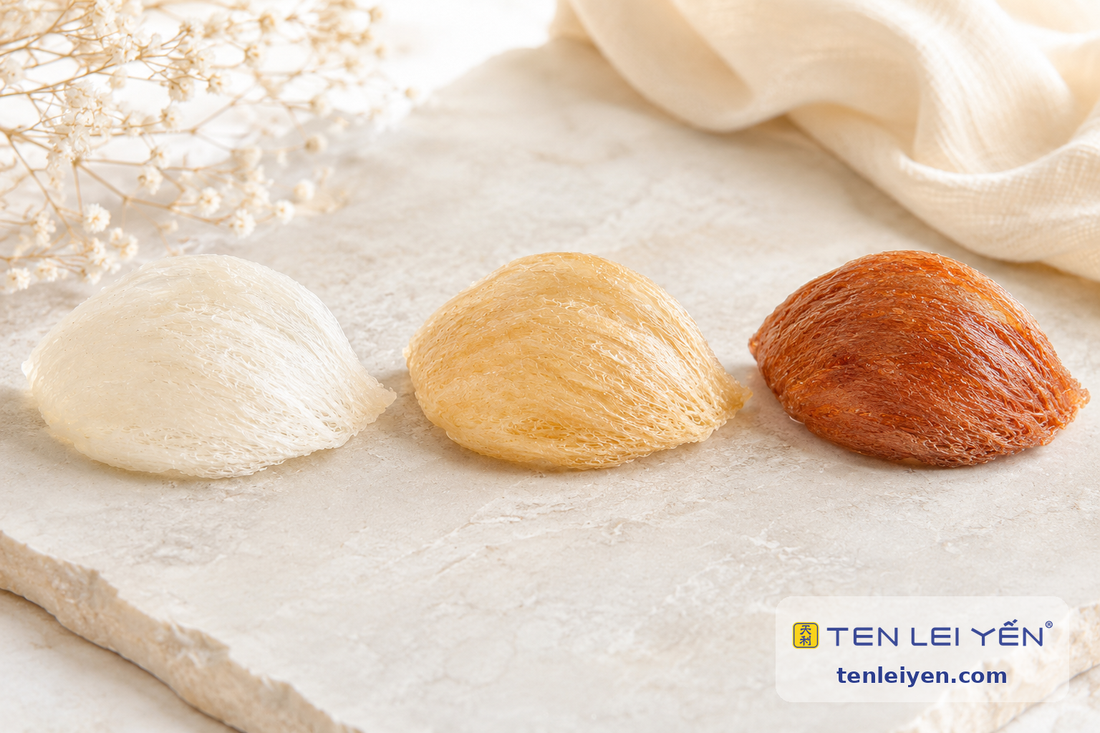 White, golden, and red edible bird's nests shown side by side