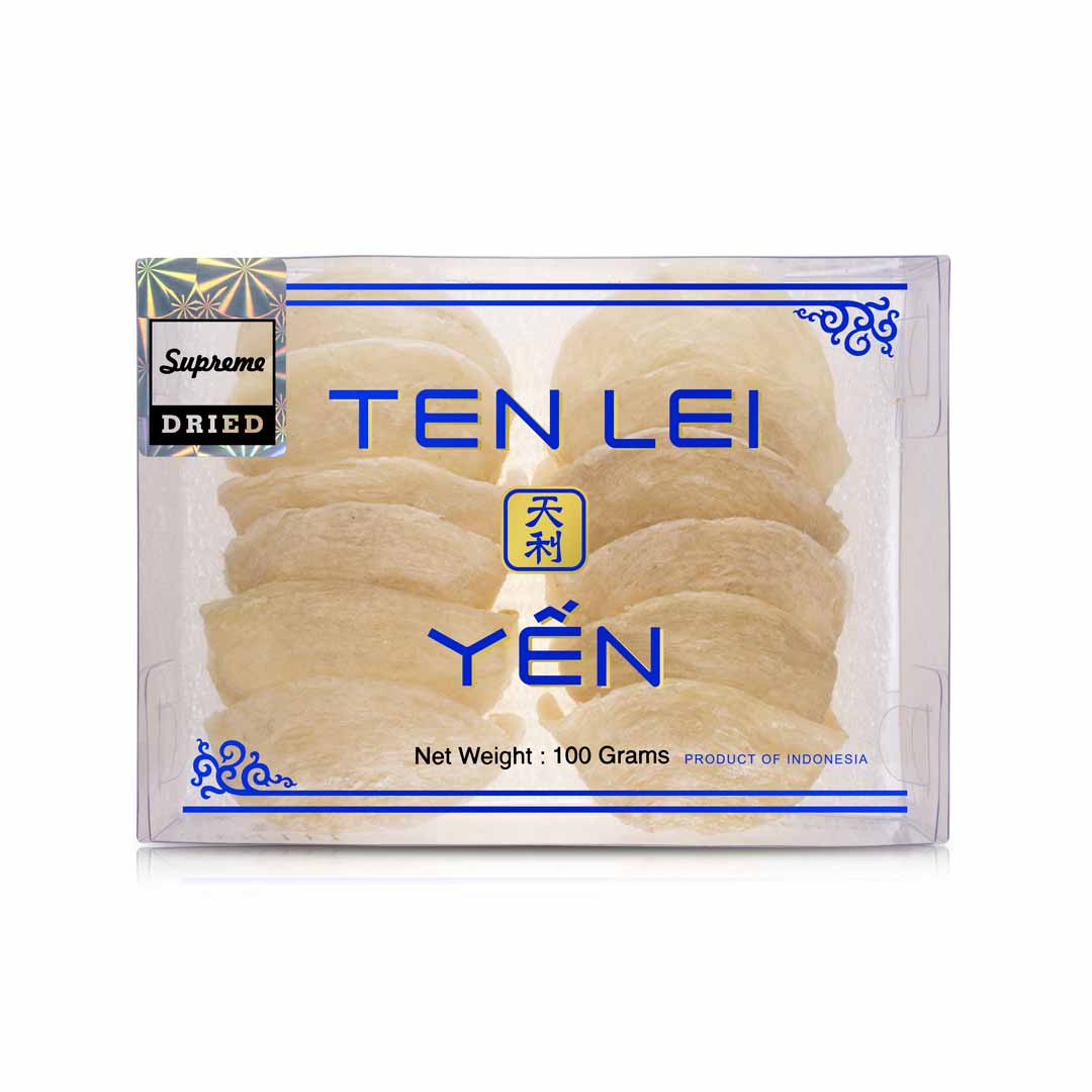 Ten Lei Yen Blue Label Supreme White Edible Bird's Nest 100g in elegant packaging on clean background